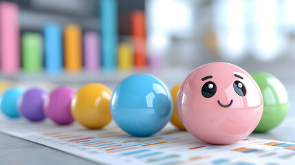 Happy sphere leads colorful chart; office background; business success