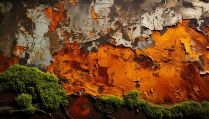 A weathered wall where rust and paint erosion have combined with natural moss growth.