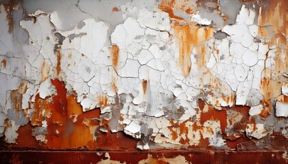 Fototapeta premium A weathered wall with peeling white paint and streaks of rust blending into brown and grey background
