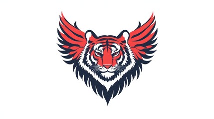 Obraz premium Winged tiger head, fierce gaze, white background, mascot design