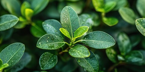 Lush Green Leaves Glisten with Dew Drops: Nature's Beauty, Vibrant Greenery, Close-Up View, Tranquil Scene, Refreshing Sight