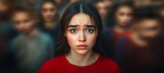 Fototapeta premium Lonely Young Woman Amidst Crowd Feeling Overwhelmed and Anxious With An Upset Facial Expression