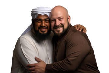 Two Muslim Man Embracing and Smiling Together on the Occasion of Ramadan Mubarak Photo on Png Background.Fictional Character Created By Generative AI