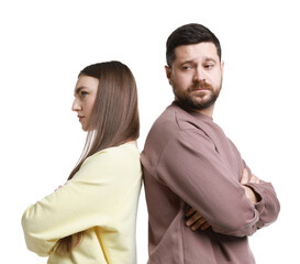 Resentful couple with crossed arms on white background