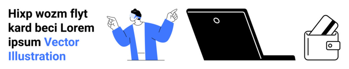 Man gesturing with text, next to open laptop and wallet containing cards. Ideal for finance, e-commerce, digital payments, secure transactions, online shopping, financial technology, business