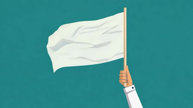 Waving white flag in hand animation against blue background
