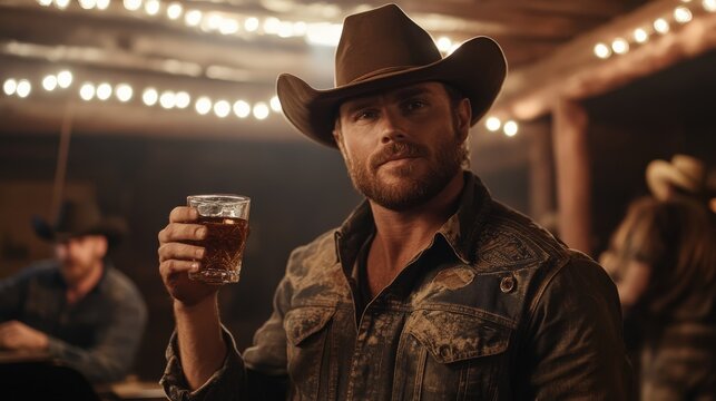 A cowboy standing in a rustic saloon, holding a glass of whiskey in one hand and tipping his hat with the other, while a piano player plays a lively tune in the background