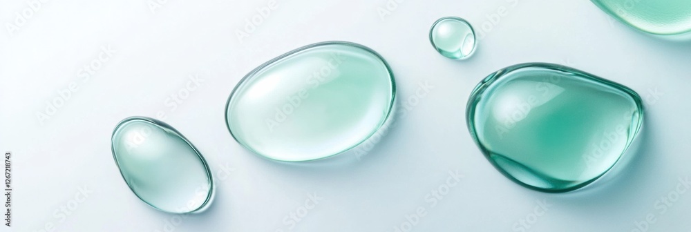 Poster Various sizes of translucent droplets rest on a smooth surface reflecting light in a serene arrangement. Generative AI