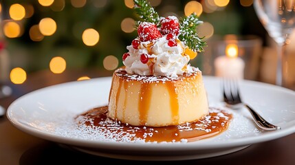 Elegant Flan Dessert with Caramel Sauce and Holiday Garnishes on White Plate in Warm Bokeh Background