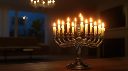A menorah with all candles lit, casting a warm glow in a dark room.