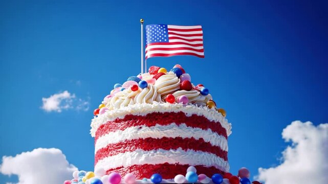 Patriotic Cake with American Flag: A celebratory red, white and blue cake adorned with a small American flag stands proudly against a bright blue sky with fluffy white clouds.