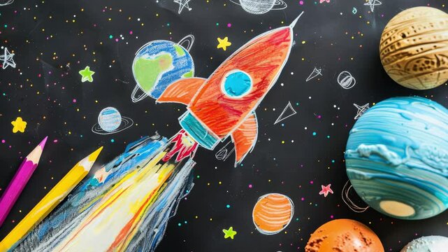 Creative spacethemed art with rocket drawing and colorful crayons on chalkboard