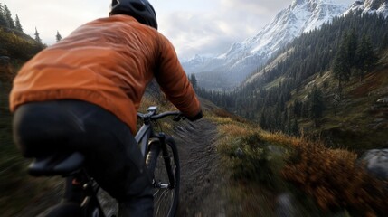 A cyclist riding through a mountain trail, breathtaking scenery, ultra-realistic,