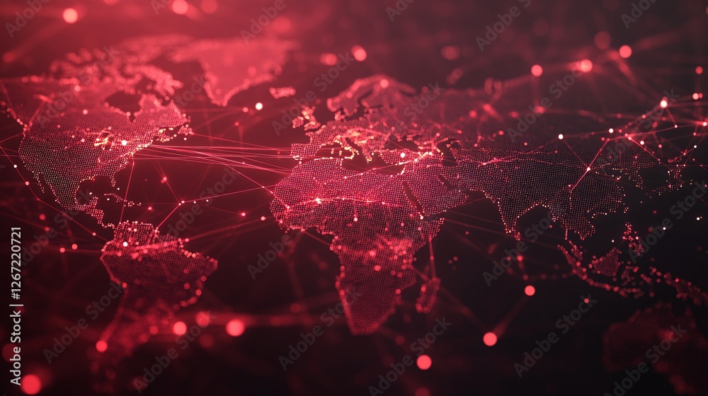 Poster global network connections digital world map red abstract background technology illustration futuris