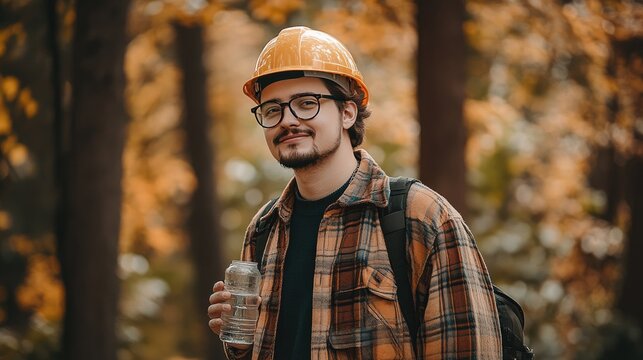 Young Man Wearing Hard Hat and Plaid Shirt Drinking Water in Autumn Forest Setting