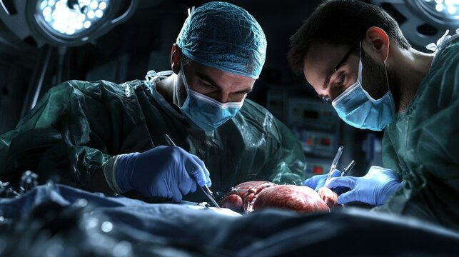 A detailed surgical scene of an organ transplant, surgeons working meticulously, ultra-realistic