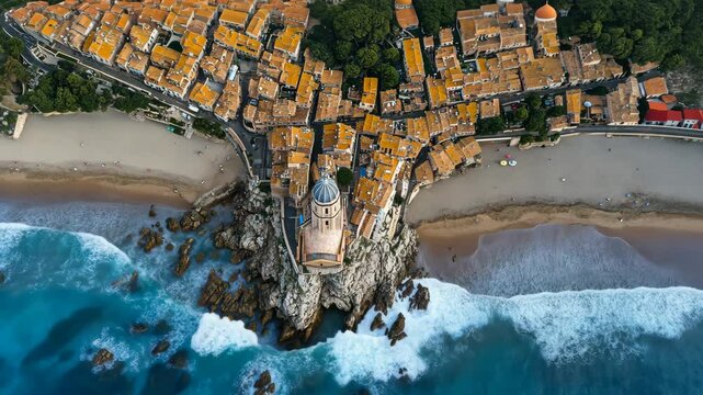 Coastal village with terracotta rooftops perched on rocky cliffs beside azure waters during sunny day