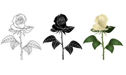 Elegant rose illustrations in outline, silhouette, and soft yellow color versions. Perfect for floral designs, romantic themes, and botanical artwork. High-quality vector. © Rustanto