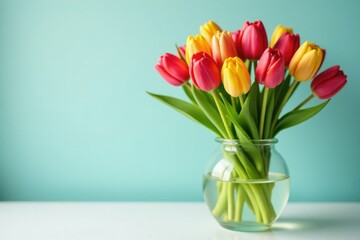 Fototapeta premium Brightly colored tulips in a modern clear glass vase, flowers, vases