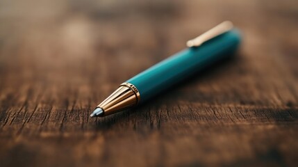 Elegant Teal Ballpoint Pen on Rustic Wooden Surface for Writing and Creativity Inspiration