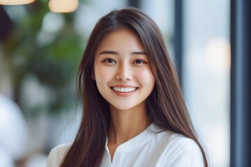 Fototapeta premium Young beautiful asian woman in white shirt and long hair smiling with happiness at interview. shallow depth of field.