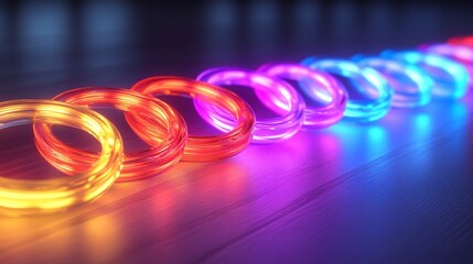 Colorful glowing rings are arranged in a single winding line
