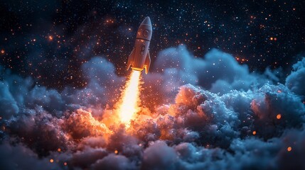 An elegant rocket ascends through a stunning night sky filled with cosmic clouds and sparkling stars, representing the beauty of space exploration.