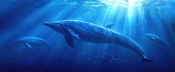 Fototapeta premium Dolphins swimming ocean sunlight peaceful underwater marine life