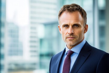 Confident businessman in tailored navy suit standing against glass skyscrapers exuding authority corporate success and executive leadership in a modern financial district with professional charisma