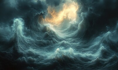 Turbulent ocean waves illuminated by a golden sunset sky