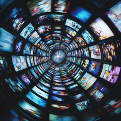 Visual Content Strategy Dynamic media spiral effect with vibrant screens.