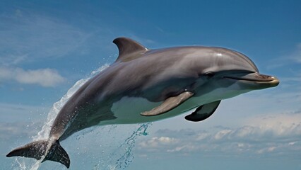 Fototapeta premium A playful dolphin jumps in the open sea, surrounded by the deep blue ocean