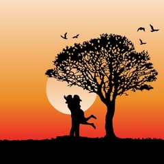 Silhouetted against a vibrant sunset, a couple embraces beneath a large tree, with birds flying in the distance. The warm gradient of the sky adds a romantic ambiance to the scene.