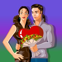A stylized couple stands together, with the man holding a bouquet of flowers and a large red heart. Their expressions convey a sense of romance against a vibrant purple and green background.
