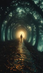 Walking through a mysterious misty forest pathway at dusk