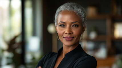 A confident senior businesswoman smiling and posing for a professional portrait in an office environment. Her expression reflects experience, leadership, and professionalism in a business setting