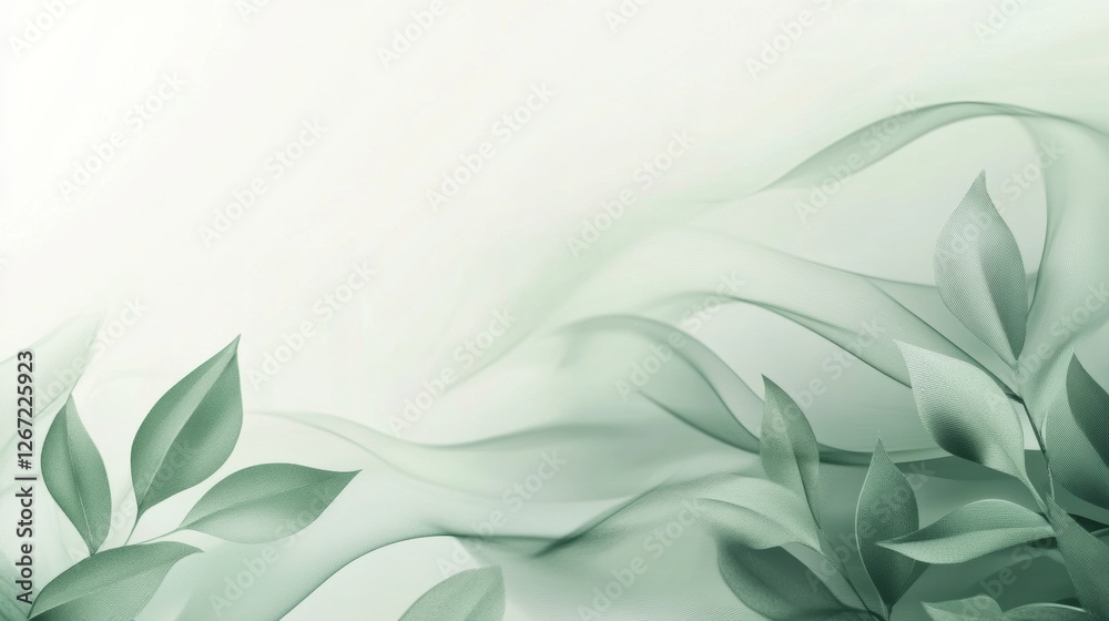 Poster Elegant green leaves with soft flowing fabric create a serene atmosphere in a minimalist composition. Generative AI