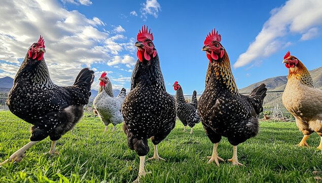 Speckled Chickens Strutting in Green Pasture Under a Blue Sky