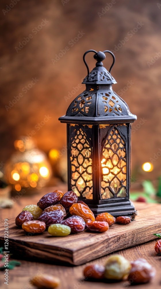 Aufkleber during the holy month of ramadan, a beautiful lantern illuminates a wooden surface surrounded by an 