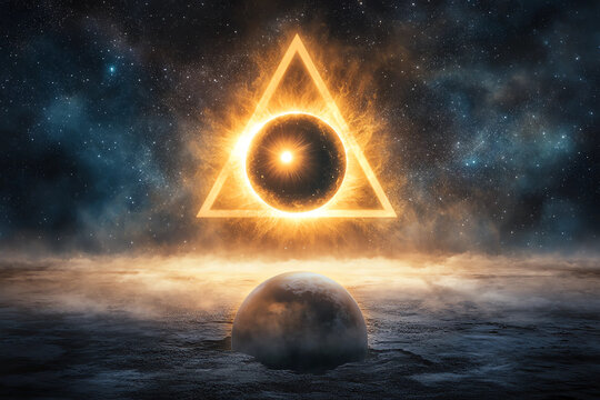 A triangle with a circle in the middle is surrounded by stars