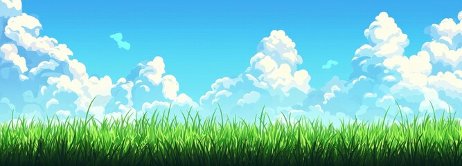 Obraz premium Bright blue sky with fluffy white clouds and lush green grass, representing a peaceful nature scene perfect for outdoor themes, relaxation, and serenity