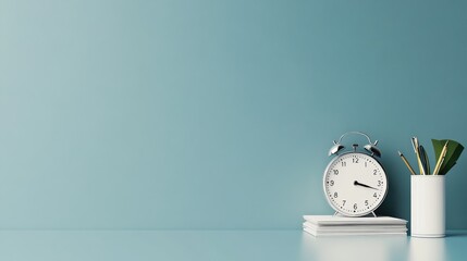 A simple desk setup featuring a stylish table clock and a stack of neatly arranged documents on a blue background.