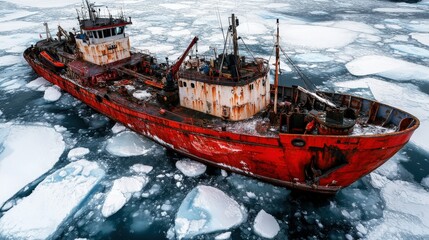 Fototapeta premium A frozen cargo ship trapped in thick sea ice, with cracks forming around it, as the crew works urgently to deploy tools to free the vessel