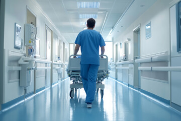 Healthcare Worker Pushing a Patient Bed Down a Hospital Corridor During Early Morning Hours