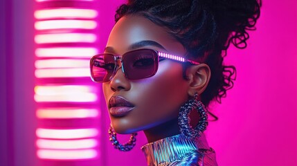 A futuristic fashion model wearing a metallic silver dress with LED accents, standing in front of a glowing neon backdrop, with cyberpunk-inspired makeup and hairstyle