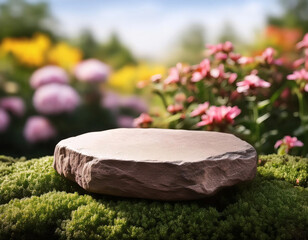 Natural stone podium with blooming flowers landscape. Rustic rock stand in vibrant floral garden. Display showcase background for beauty, wellness, organic, eco-friendly products and branding.