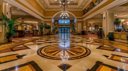 Obraz premium A spacious luxury hotel entrance featuring polished stone floors and a chandelier.