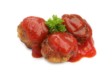 Delicious meatballs with tomato sauce isolated on white