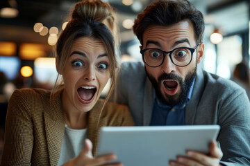 Couple Expressing Excitement While Using a Tablet in a Cozy Café Setting During Evening Hours