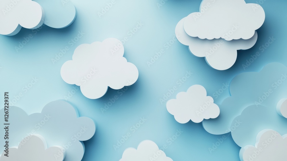 Poster White paper clouds float against a soft blue background creating a serene and whimsical atmosphere. Generative AI